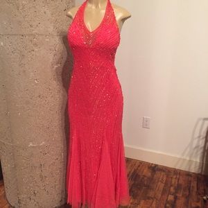 Coral Pink Sequin Halter Gown Medium